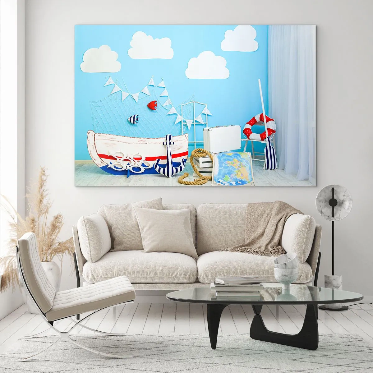 Tablou pe sticlă - Scenă marină decorativă cu o barcă și recuzită nautică - 70x50cm - Dorința copilărească de aventură - Decorațiune modernă pentru perete pentru living și dormitor ARTTOR
