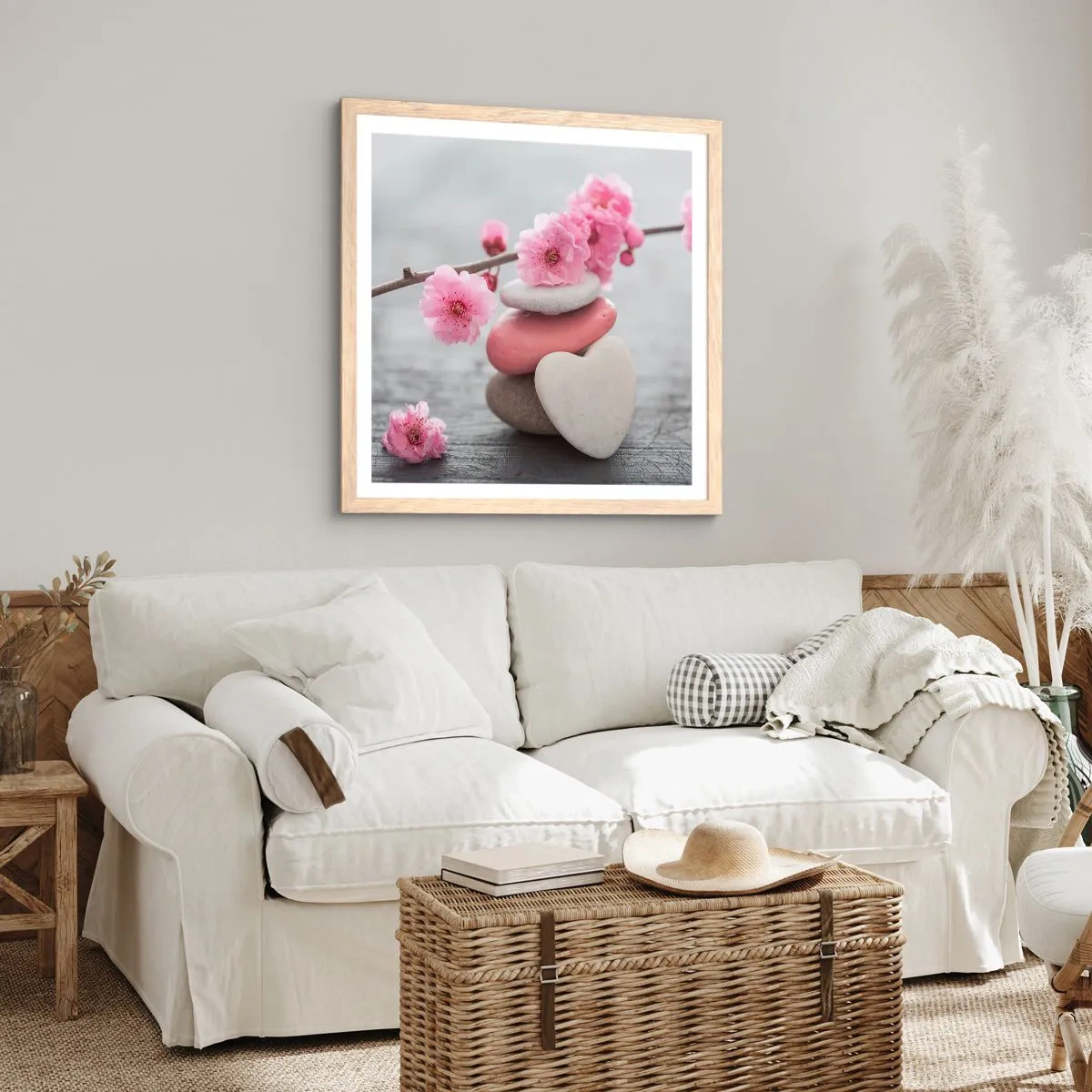 Poster în ramă de stejar deschis - Fericirea florilor de cireș - 60x60 cm