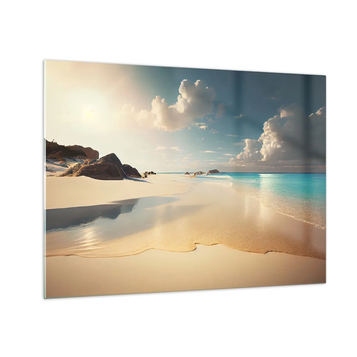 Tablou pe sticlă - Plajă aurie și mare turcoaz în lumina soarelui de dimineață - 70x50cm - O zi de vis - Decorațiune modernă pentru perete pentru living și dormitor ARTTOR