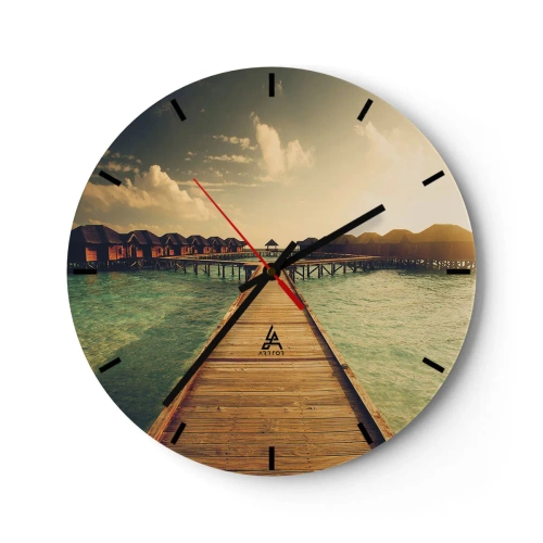 Ceas de perete - Ceas pe sticlă - Debarcaderul care duce la casele de pe apă în lumina apusului - 30x30cm - O invitație caldă - Decorațiune modernă pentru perete pentru living, bucătărie și dormitor ARTTOR