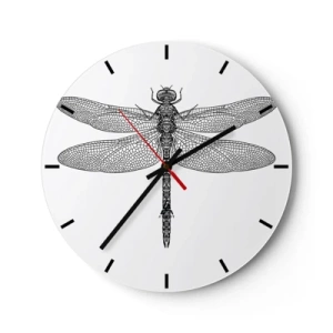 Ceas de perete - Ceas pe sticlă - Ilustrație detaliată a unei libelule în negru pe fundal alb - 30x30cm - Precizia naturii - Decorațiune modernă pentru perete pentru living, bucătărie și dormitor ARTTOR