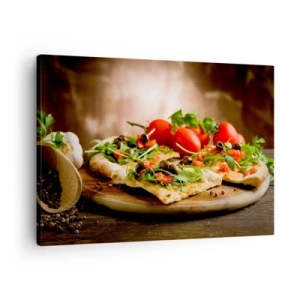Tablou pe pânză Canvas - Pizza cu legume pe o placă de lemn în stil rustic - 70x50cm - Direct din cuptor și din grădină - Decorațiune modernă pentru perete pentru living și dormitor ARTTOR