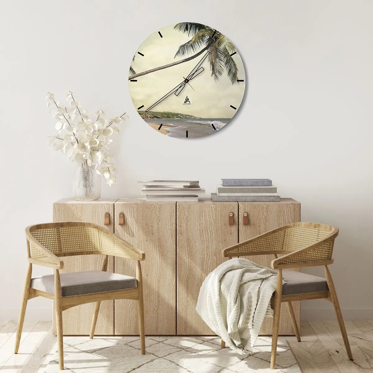 Ceas de perete - Ceas pe sticlă - Palmieri pe fundalul unei plaje tropicale - 30x30cm - Vis tropical - Decorațiune modernă pentru perete pentru living, bucătărie și dormitor ARTTOR