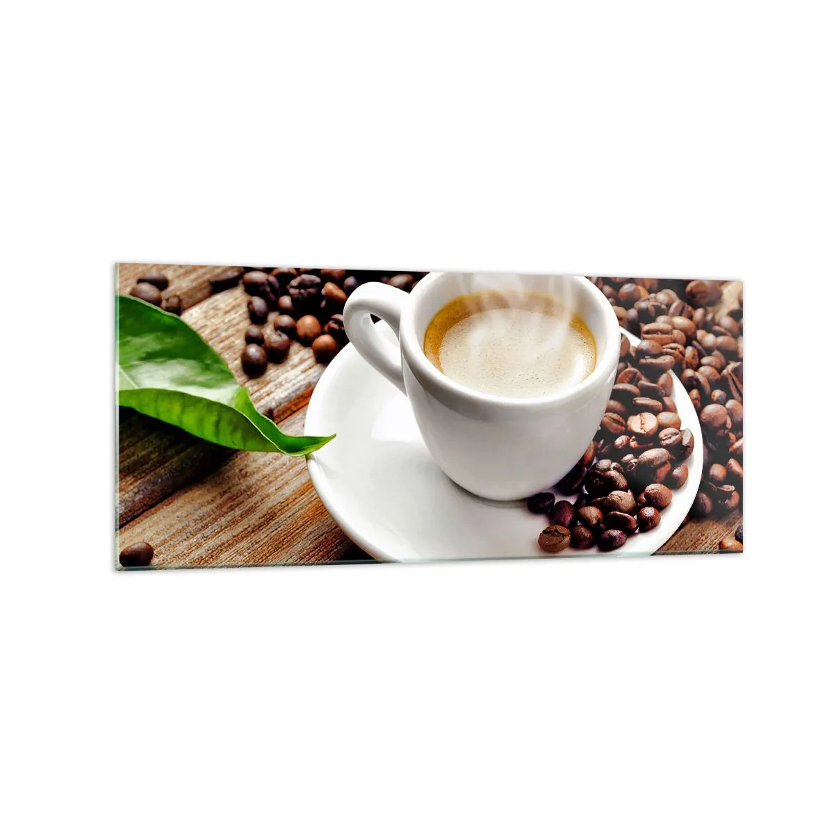 Tablou pe sticlă - Cafea pe bancă - 120x50 cm