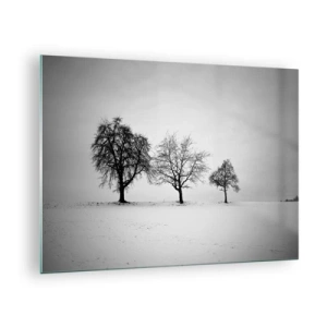 Tablou pe sticlă - Trei copaci singuratici într-o zonă acoperită de zăpadă - 70x50cm - La ce visează? - Decorațiune modernă pentru perete pentru living și dormitor ARTTOR