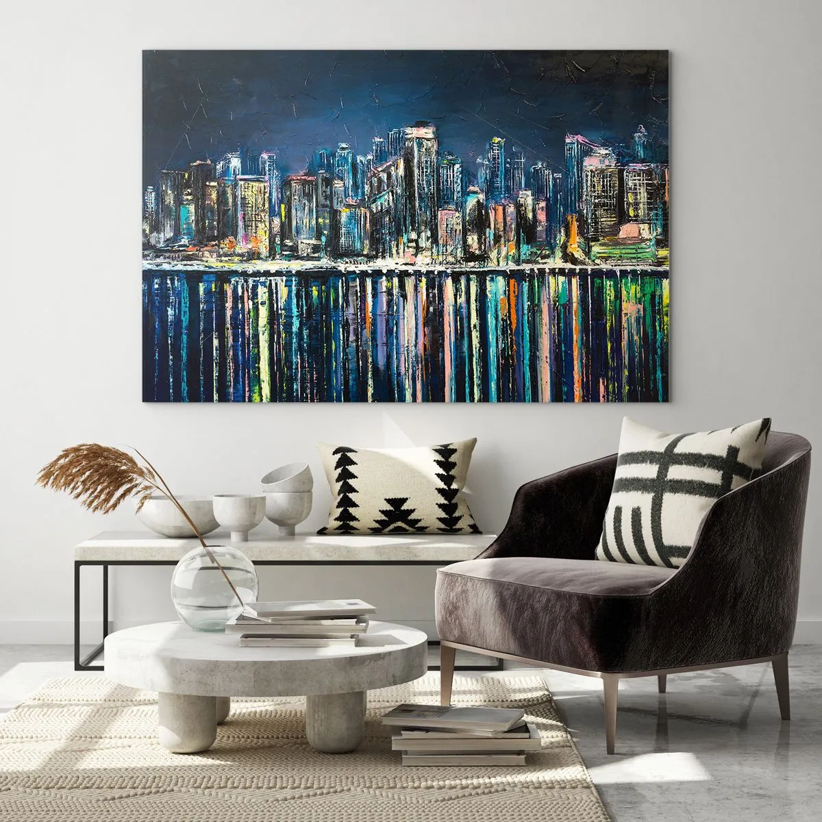 Tablou pe sticlă - Panoramă a orașului noaptea, cu luminile reflectate în apă - 70x50cm - Cascadă de lumini - Decorațiune modernă pentru perete pentru living și dormitor ARTTOR
