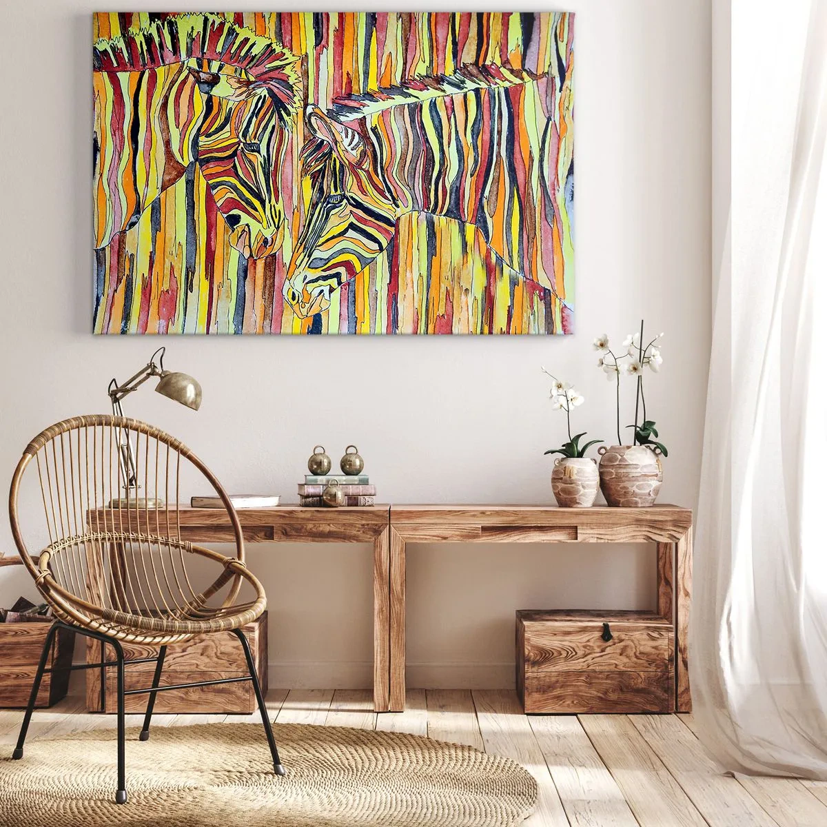 Tablou pe pânză Canvas - Zebre colorate pe un fundal de dungi abstracte - 70x50cm - Deci și tu.. - Decorațiune modernă pentru perete pentru living și dormitor ARTTOR
