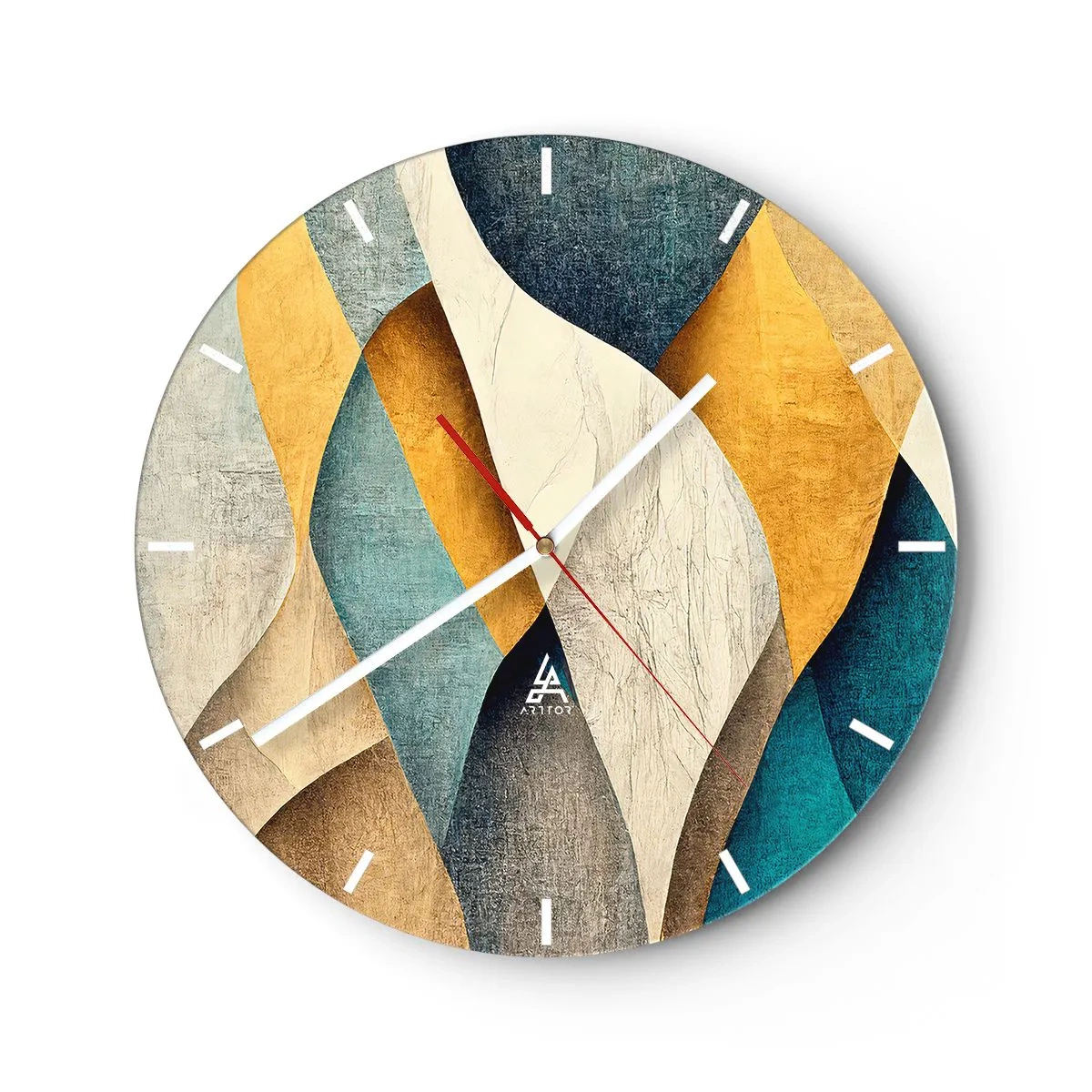 Ceas de perete - Ceas pe sticlă - Valuri geometrice în auriu, bleumarin, turcoaz și bej - 30x30cm - Ritm și ondulare - Decorațiune modernă pentru perete pentru living, bucătărie și dormitor ARTTOR