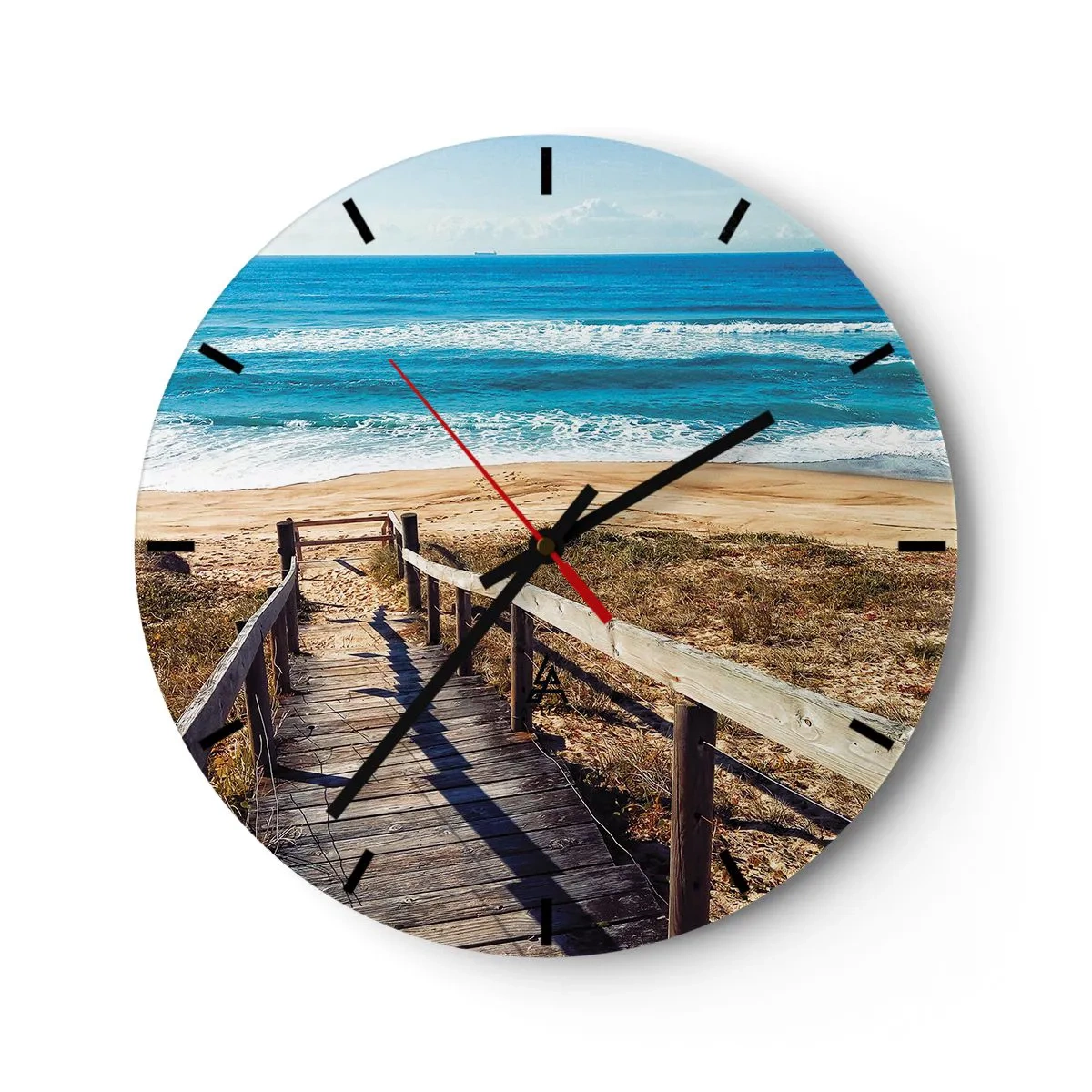 Ceas de perete - Ceas pe sticlă - Un debarcader din lemn duce la o plajă nisipoasă lângă oceanul albastru - 30x30cm - Aleargă! - Decorațiune modernă pentru perete pentru living, bucătărie și dormitor ARTTOR