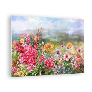 Tablou pe sticlă - Un buchet de flori colorate pe un fundal pitoresc - 70x50cm - O grădină înnebunită - Decorațiune modernă pentru perete pentru living și dormitor ARTTOR