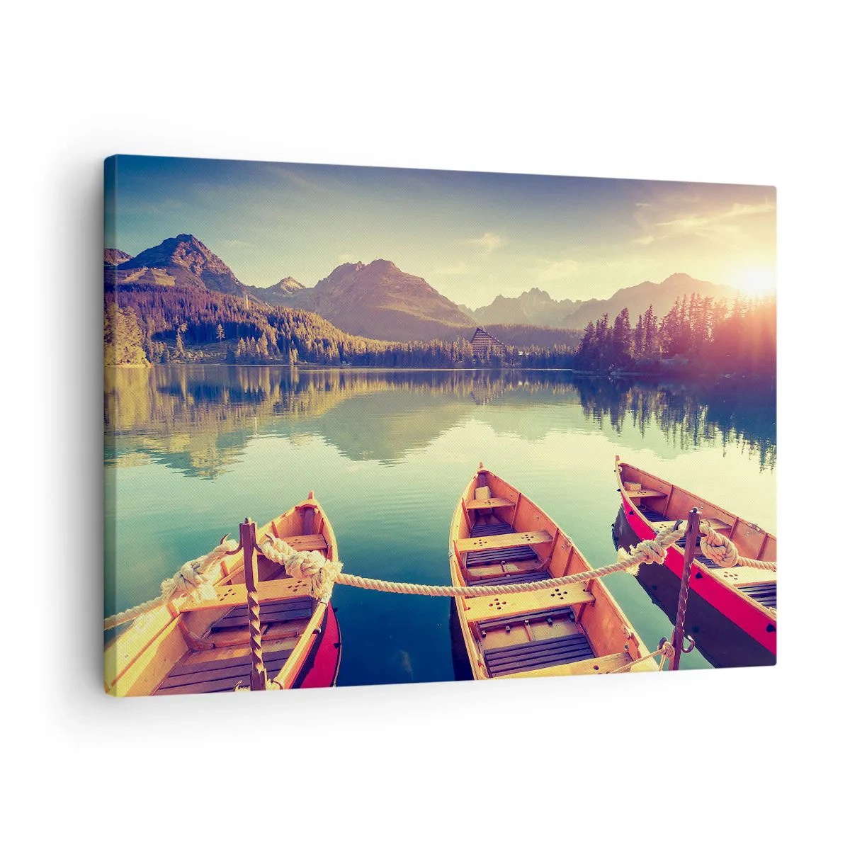 Tablou pe pânză Canvas - Bărci pe un lac liniștit înconjurat de munți la apus - 70x50cm - Pentru a trăi după legile sale - Decorațiune modernă pentru perete pentru living și dormitor ARTTOR