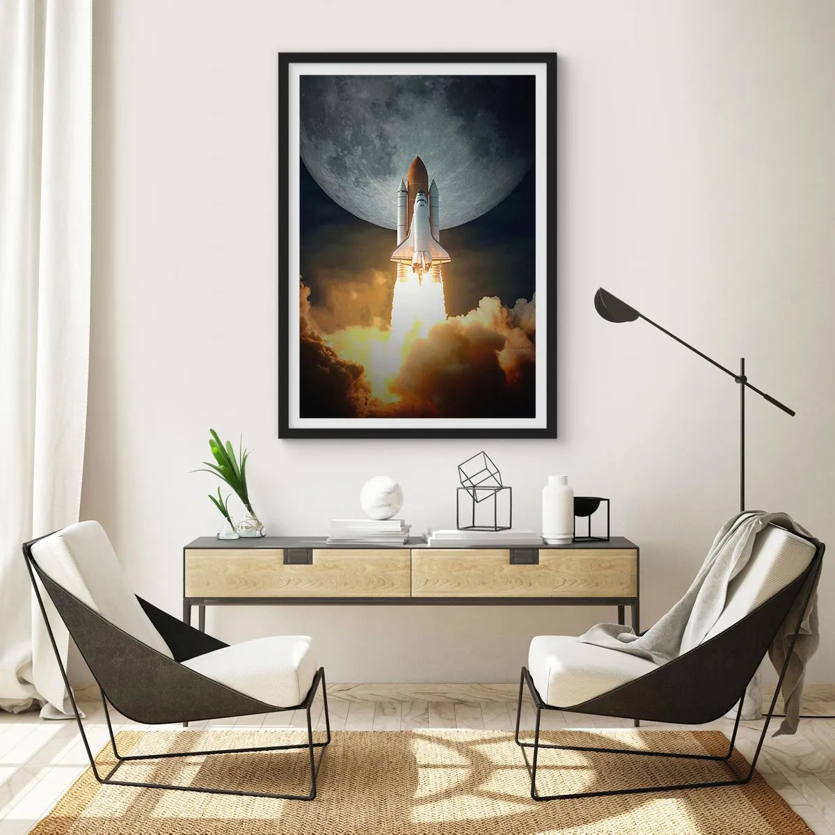 Poster în ramă neagră - Lansarea navetei spațiale cu Luna în fundal - 50x70cm - Începutul unei aventuri nepământene - Decorațiune modernă pentru perete pentru living și dormitor ARTTOR
