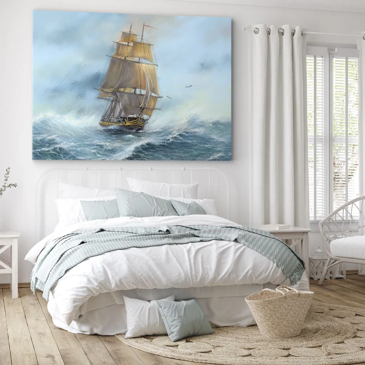Tablou pe pânză Canvas - O corabie cu pânze pe o mare furtunoasă - 70x50cm - Rulează pe valuri - Decorațiune modernă pentru perete pentru living și dormitor ARTTOR
