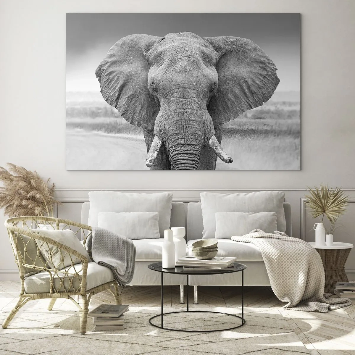 Tablou pe sticlă - Portret alb-negru al unui elefant în savană - 70x50cm - Bun venit în lumea mea - Decorațiune modernă pentru perete pentru living și dormitor ARTTOR