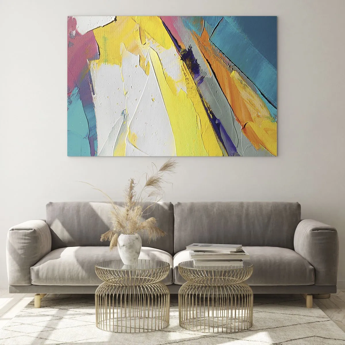 Tablou pe sticlă - Pensule abstracte în galben, albastru și alb - 70x50cm - Anatomia luminii - Decorațiune modernă pentru perete pentru living și dormitor ARTTOR