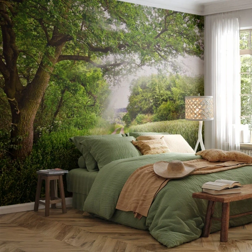 Tapet Standard Eco - Un drum forestier înconjurat de copaci verzi și câmpuri - 100x70cm - Et in Arcadia ego - Decorațiune modernă pentru perete pentru living și dormitor ARTTOR