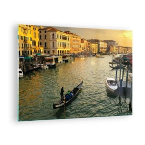 Tablou pe sticlă - Apus de soare peste un canal din Veneția cu gondole - 70x50cm - Pe partea însorită a străzii - Decorațiune modernă pentru perete pentru living și dormitor ARTTOR