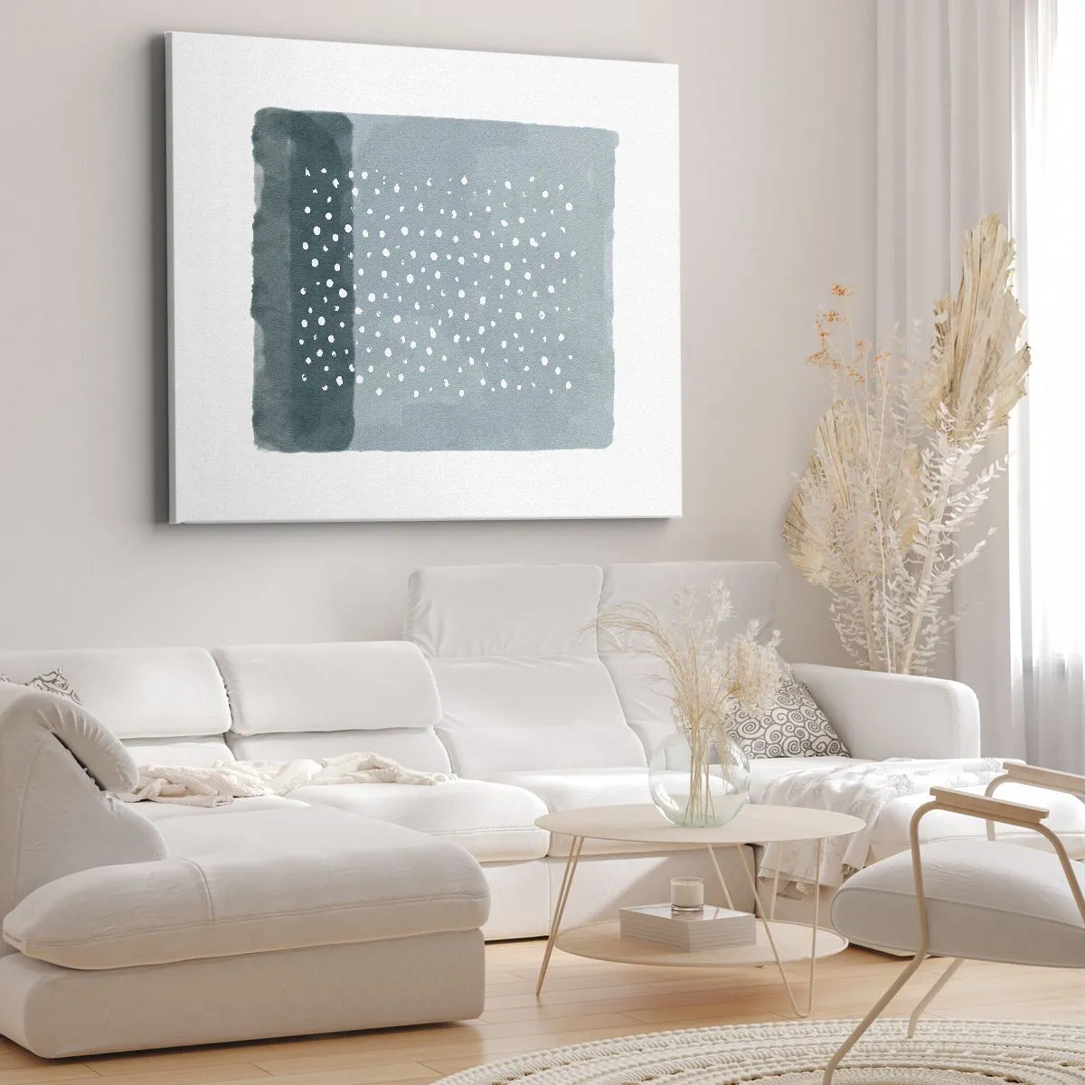 Tablou pe pânză Canvas - O pictură minimalistă în nuanțe de albastru cu puncte - 70x50cm - Crescute pe albastru - Decorațiune modernă pentru perete pentru living și dormitor ARTTOR