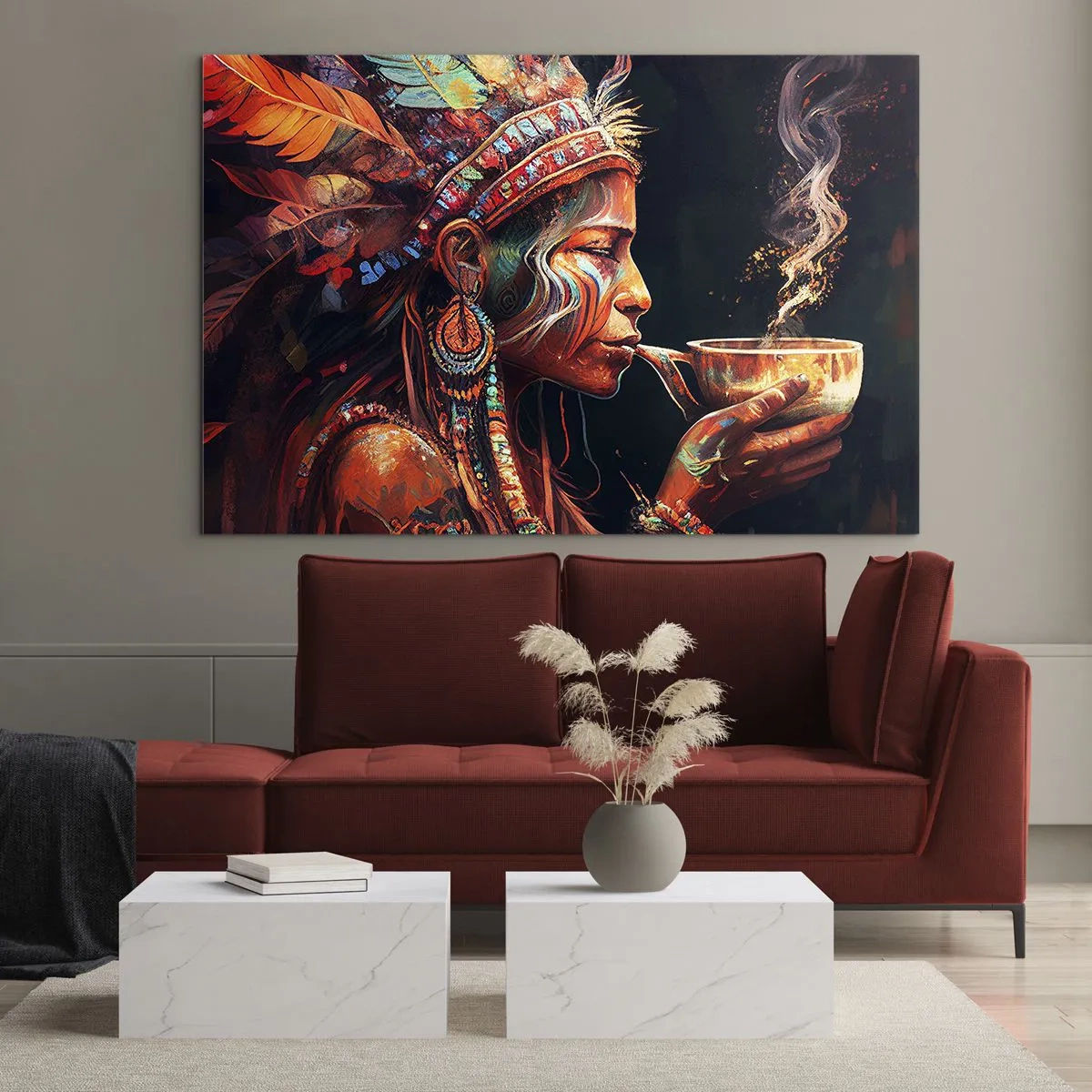 Tablou pe sticlă - O figură într-o coafură cu pene care bea o poțiune într-o atmosferă mistică - 70x50cm - Ritual magic - Decorațiune modernă pentru perete pentru living și dormitor ARTTOR