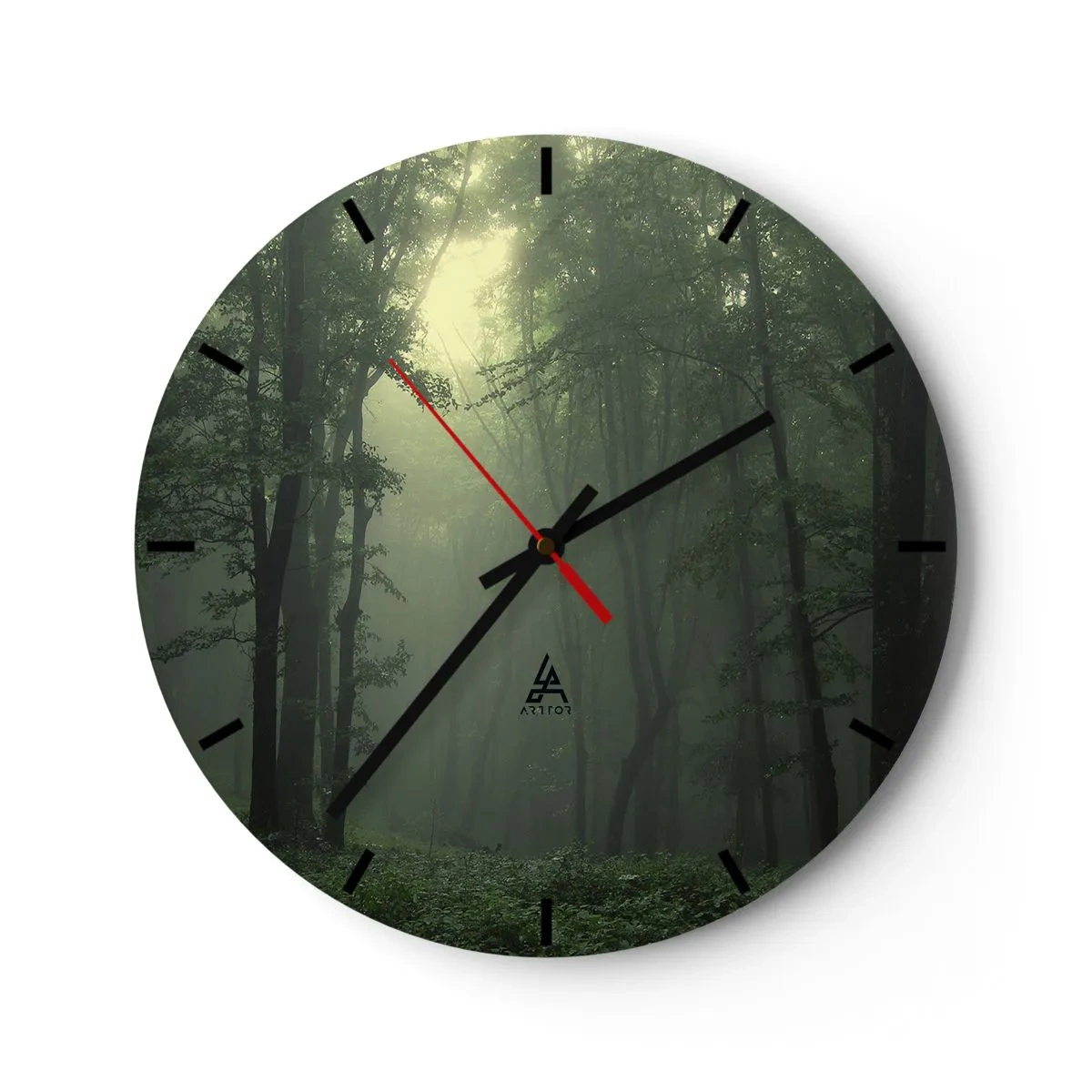 Ceas de perete - Ceas pe sticlă - Pădure verde în ceață cu ace de ceas negre - 30x30cm - Înainte să se trezească - Decorațiune modernă pentru perete pentru living, bucătărie și dormitor ARTTOR