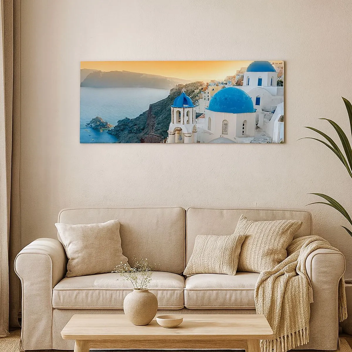 Tablou pe pânză - Santorini - îmbrățișat de stânci - 100x40 cm