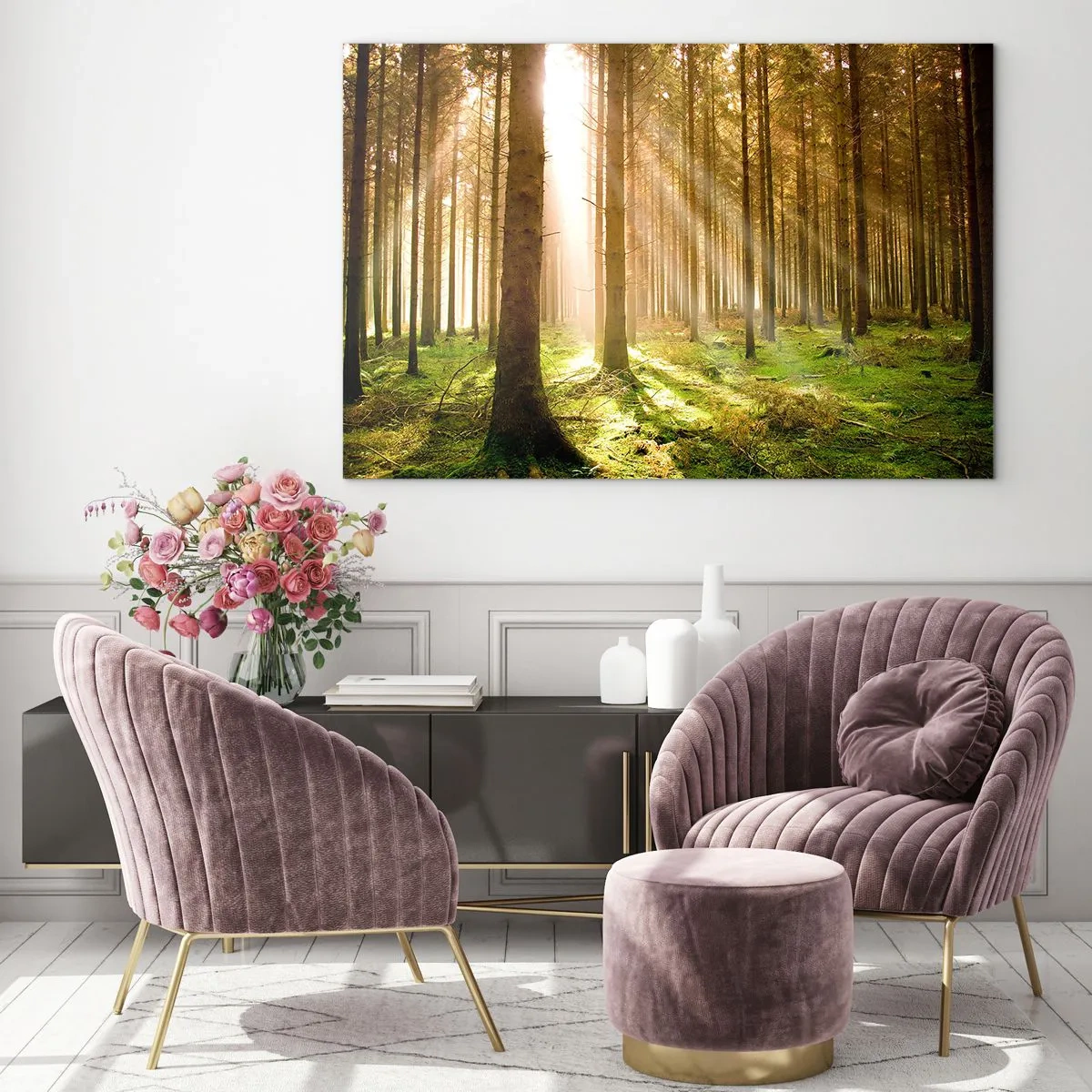 Tablou pe sticlă - Razele soarelui pătrund printre copacii din pădure - 70x50cm - Spiridușii sunt pe cale să apară - Decorațiune modernă pentru perete pentru living și dormitor ARTTOR