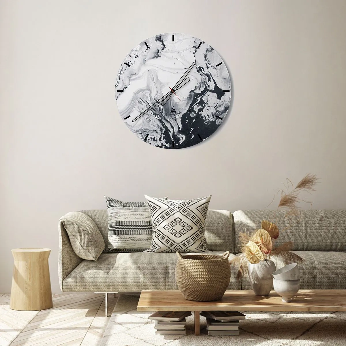Ceas de perete - Ceas pe sticlă - Un model abstract în nuanțe de alb și negru, care seamănă cu marmura. - 30x30cm - Interiorul Pământului - Decorațiune modernă pentru perete pentru living, bucătărie și dormitor ARTTOR