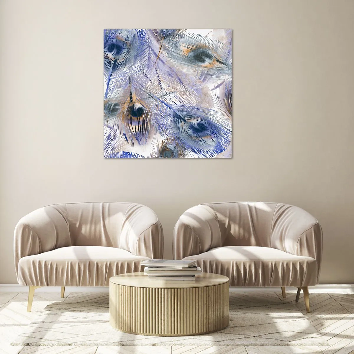 Tablou pe sticlă - Compoziția penelor de păun - 50x50 cm