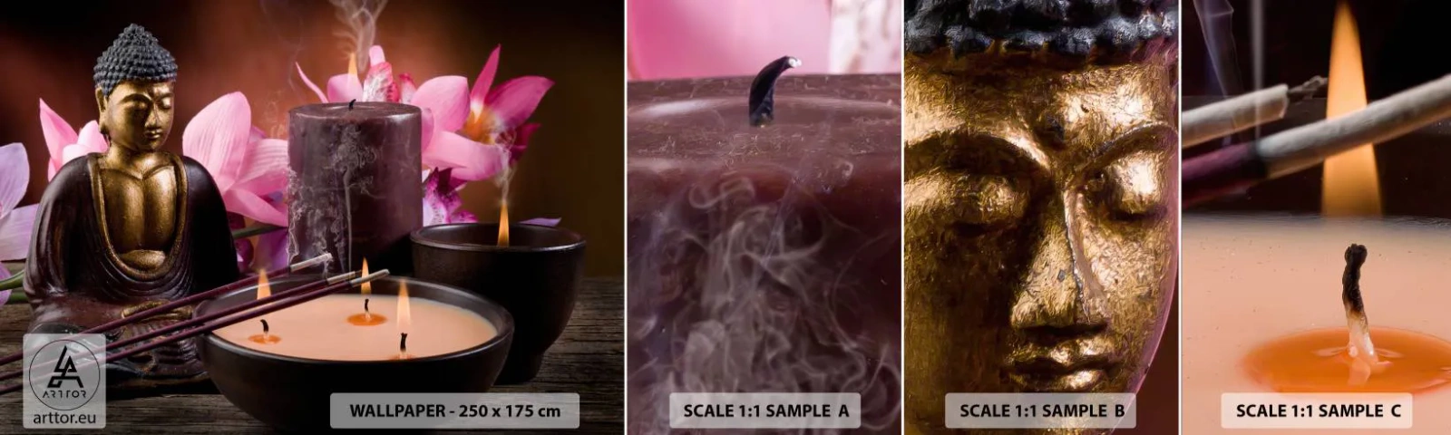 Mostră de Tapet Standard Eco - Eliberați mintea, calmați corpul - Buddha, Religie, Flori - 100x30 cm