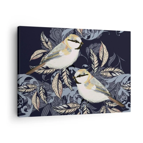 Tablou pe pânză Canvas - Păsări pe ramuri într-un fundal ornamental - 70x50cm - Ciripirile galben-albastru - Decorațiune modernă pentru perete pentru living și dormitor ARTTOR
