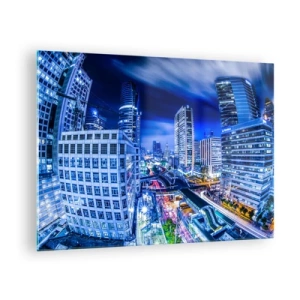 Tablou pe sticlă - Panoramă a unui oraș modern noaptea cu lumini strălucitoare - 70x50cm - Ritmurile orașului de noapte - Decorațiune modernă pentru perete pentru living și dormitor ARTTOR