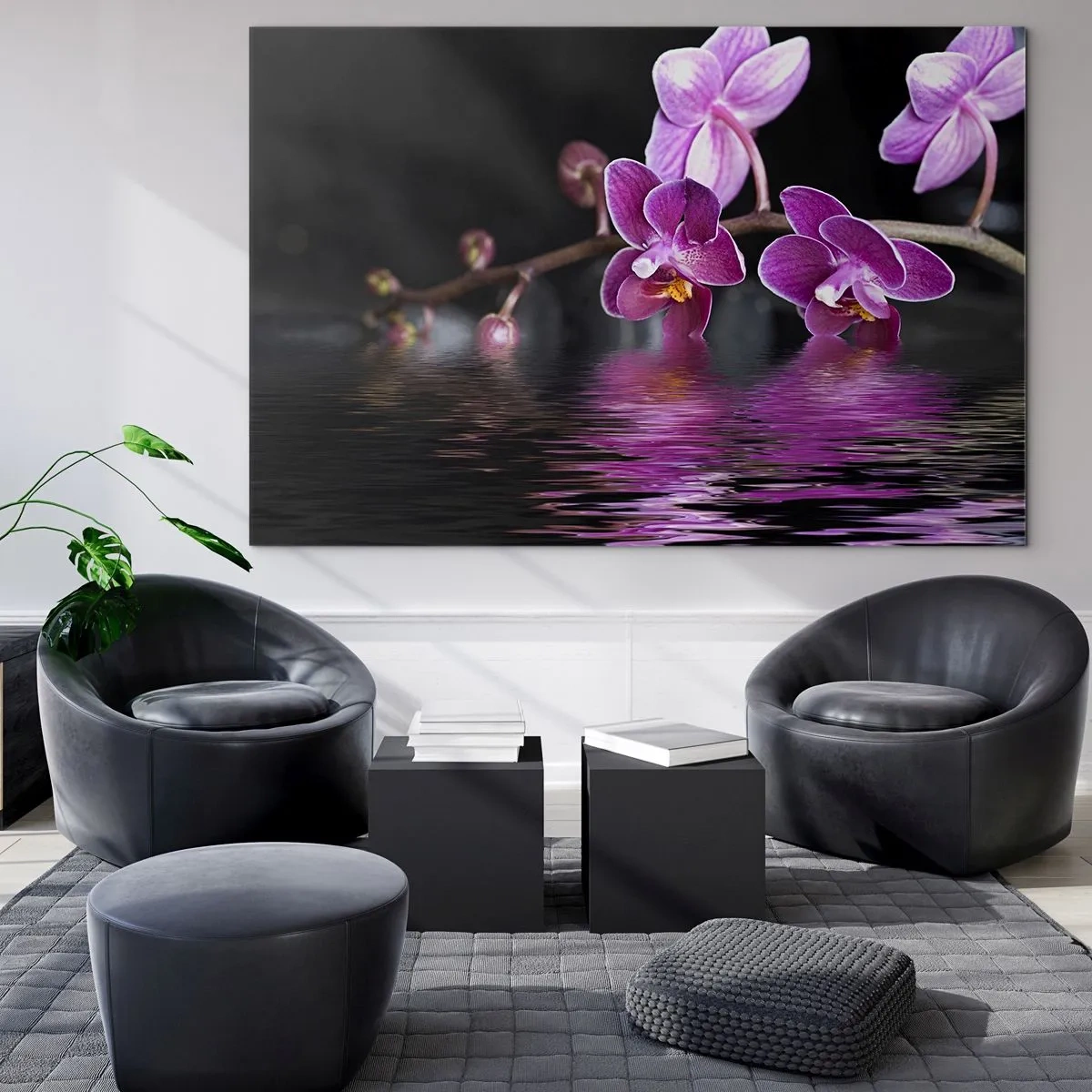 Tablou pe sticlă - Orhidee violete reflectate în apă - 70x50cm - Reflecție de frumusețe în liliac - Decorațiune modernă pentru perete pentru living și dormitor ARTTOR