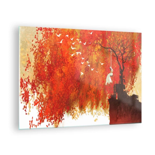 Tablou pe sticlă - Frunze roșii, un copac singuratic și păsări într-o scenă de toamnă - 70x50cm - Va zbura cu ei? - Decorațiune modernă pentru perete pentru living și dormitor ARTTOR