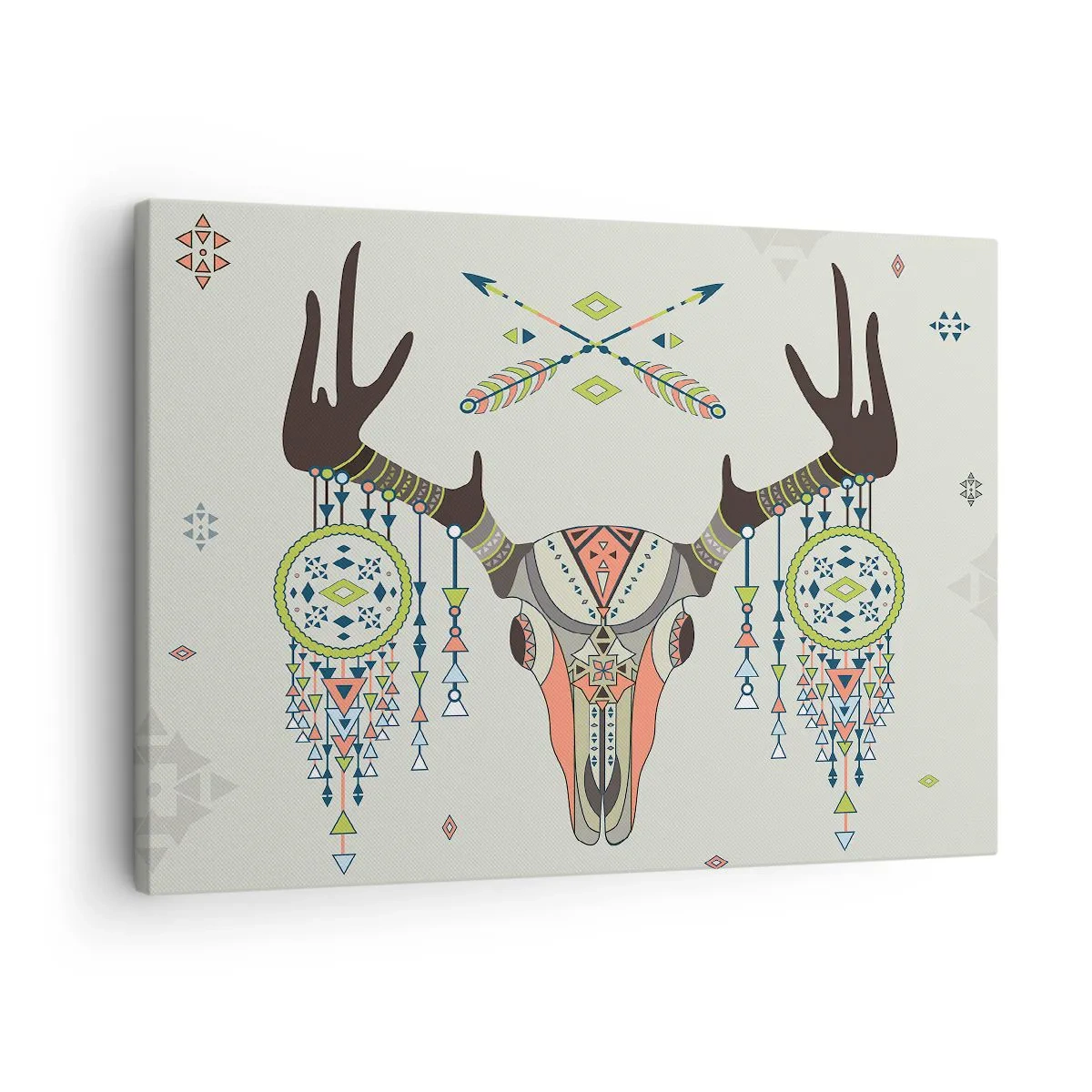 Tablou pe pânză Canvas - Decorațiune boho cu craniu de cerb și captoare de vise - 70x50cm - Trofeul vânătorului indian - Decorațiune modernă pentru perete pentru living și dormitor ARTTOR