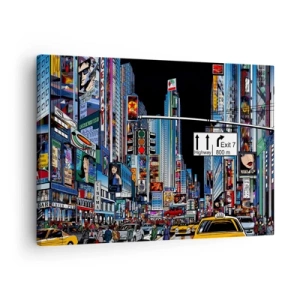 Tablou pe pânză Canvas - Un oraș aglomerat, cu reclame colorate și taxiuri galbene - 70x50cm - O noapte mare și comică - Decorațiune modernă pentru perete pentru living și dormitor ARTTOR
