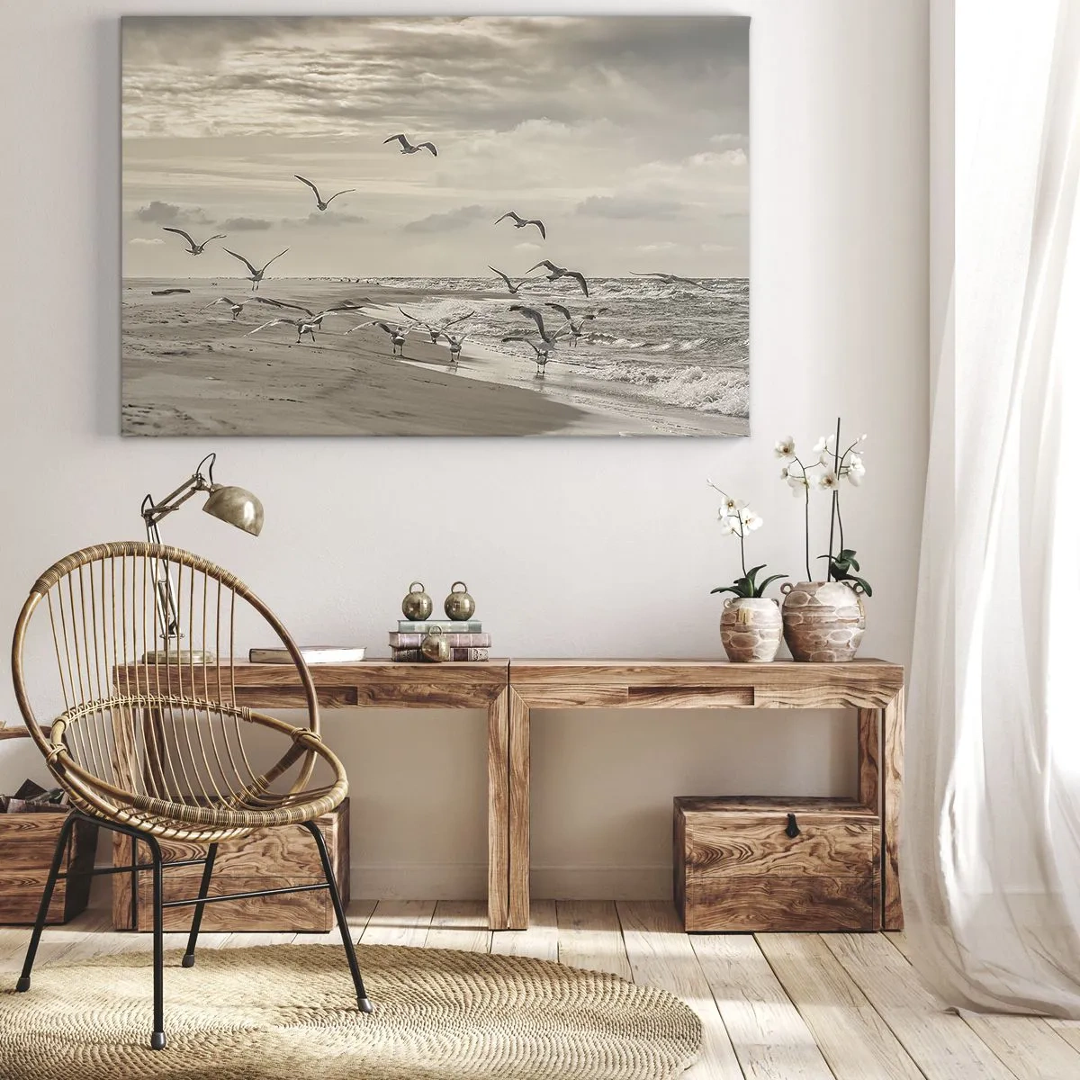 Tablou pe pânză Canvas - Un pescăruș în zbor deasupra unui peisaj litoral - 70x50cm - Marea zumzăie, păsările cântă - Decorațiune modernă pentru perete pentru living și dormitor ARTTOR