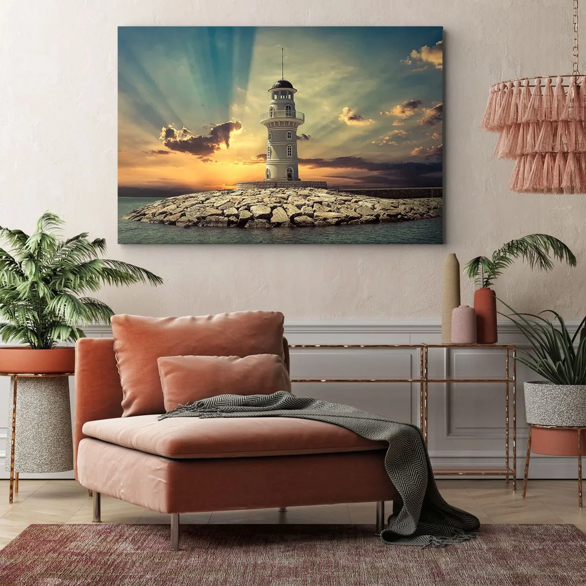 Tablou pe pânză Canvas - Un far la apus pe cer - 70x50cm - Lumină - Bunătate - Frumusețe - Decorațiune modernă pentru perete pentru living și dormitor ARTTOR