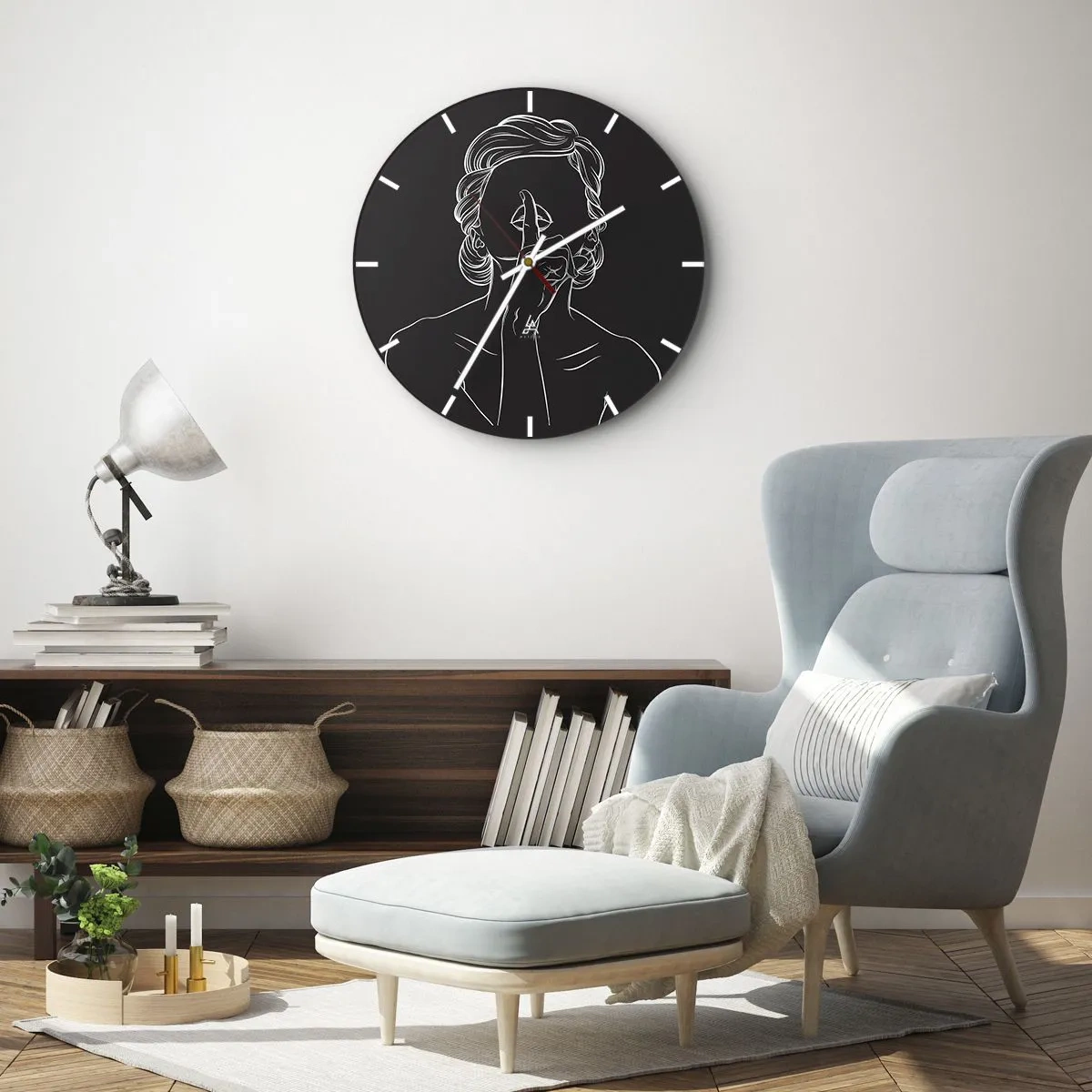 Ceas de perete - Ceas pe sticlă - Conturul alb al unei femei cu degetul la gură pe un fundal negru. - 30x30cm - Frumusețea înflorește în tăcere - Decorațiune modernă pentru perete pentru living, bucătărie și dormitor ARTTOR