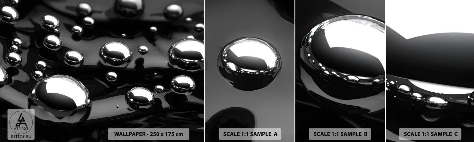 Mostră de Tapet Standard Eco - Din adâncurile negre - Abstracția, Mingi cromate, 3D - 100x30 cm