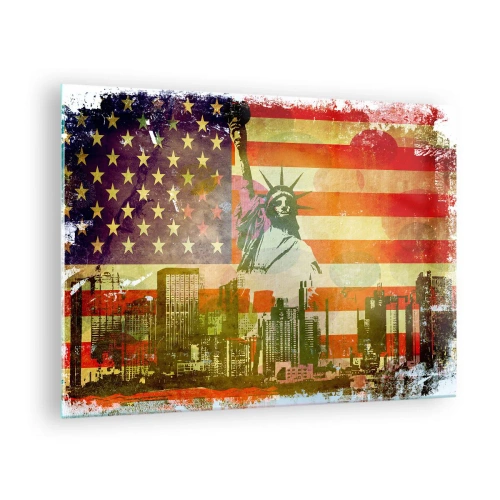 Tablou pe sticlă - Drapelul SUA cu silueta Statuii Libertății și a peisajului urban - 70x50cm - Viva America! - Decorațiune modernă pentru perete pentru living și dormitor ARTTOR