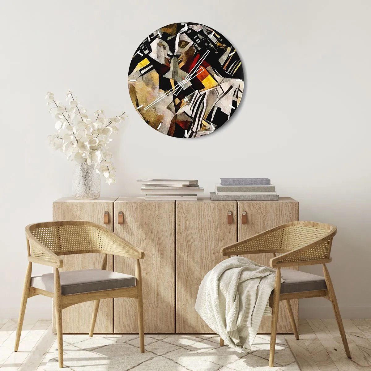 Ceas de perete - Ceas pe sticlă - Reprezentare cubistă a două figuri în forme abstracte - 30x30cm - Sărut statuar - Decorațiune modernă pentru perete pentru living, bucătărie și dormitor ARTTOR