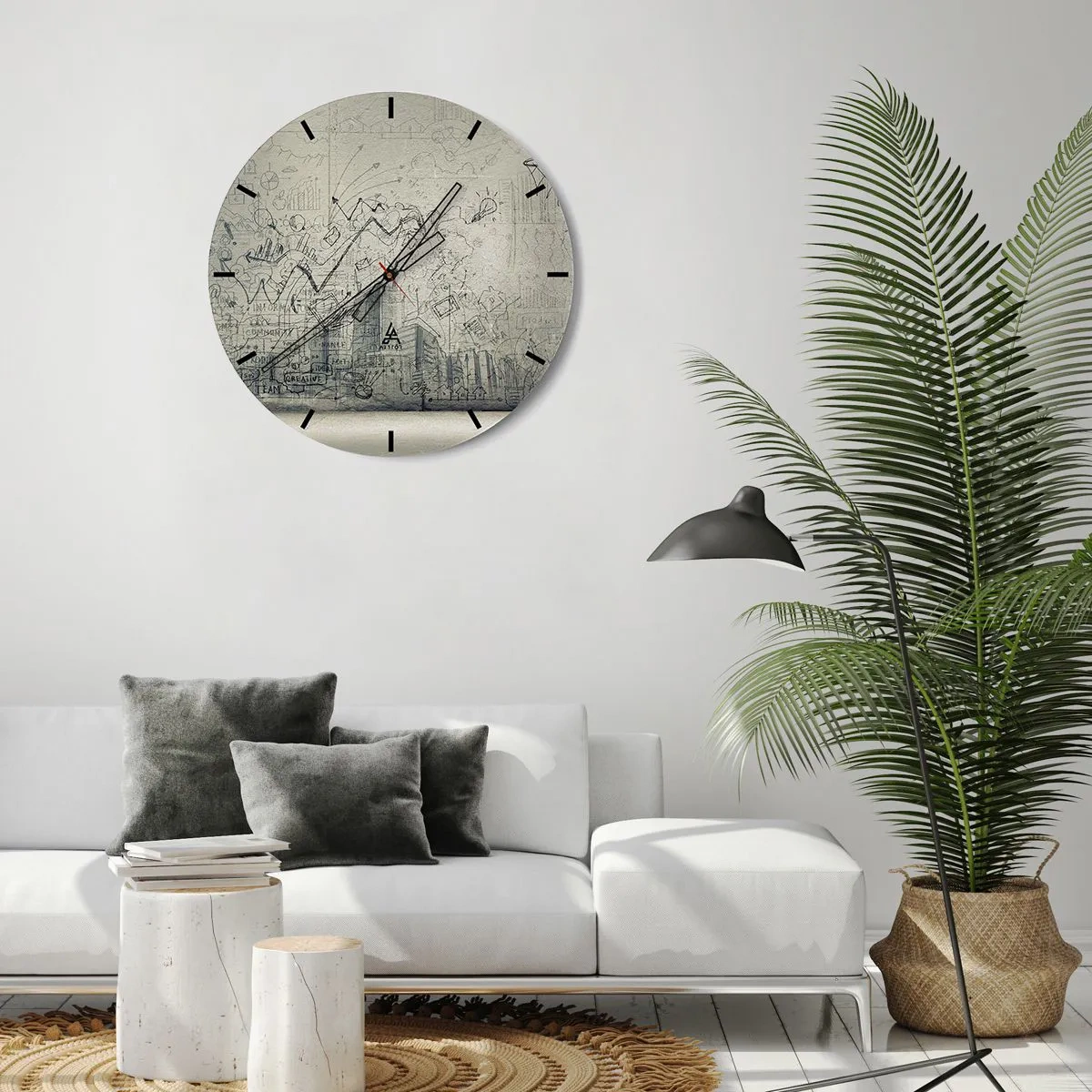 Ceas de perete - Ceas pe sticlă - Schiță conceptuală cu teme de afaceri pe un fundal deschis - 30x30cm - Minunata mea viață de oraș - Decorațiune modernă pentru perete pentru living, bucătărie și dormitor ARTTOR