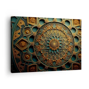 Tablou pe pânză Canvas - O mandală aurie pe un fundal turcoaz cu detalii bogate. - 70x50cm - În stil arabic - Decorațiune modernă pentru perete pentru living și dormitor ARTTOR
