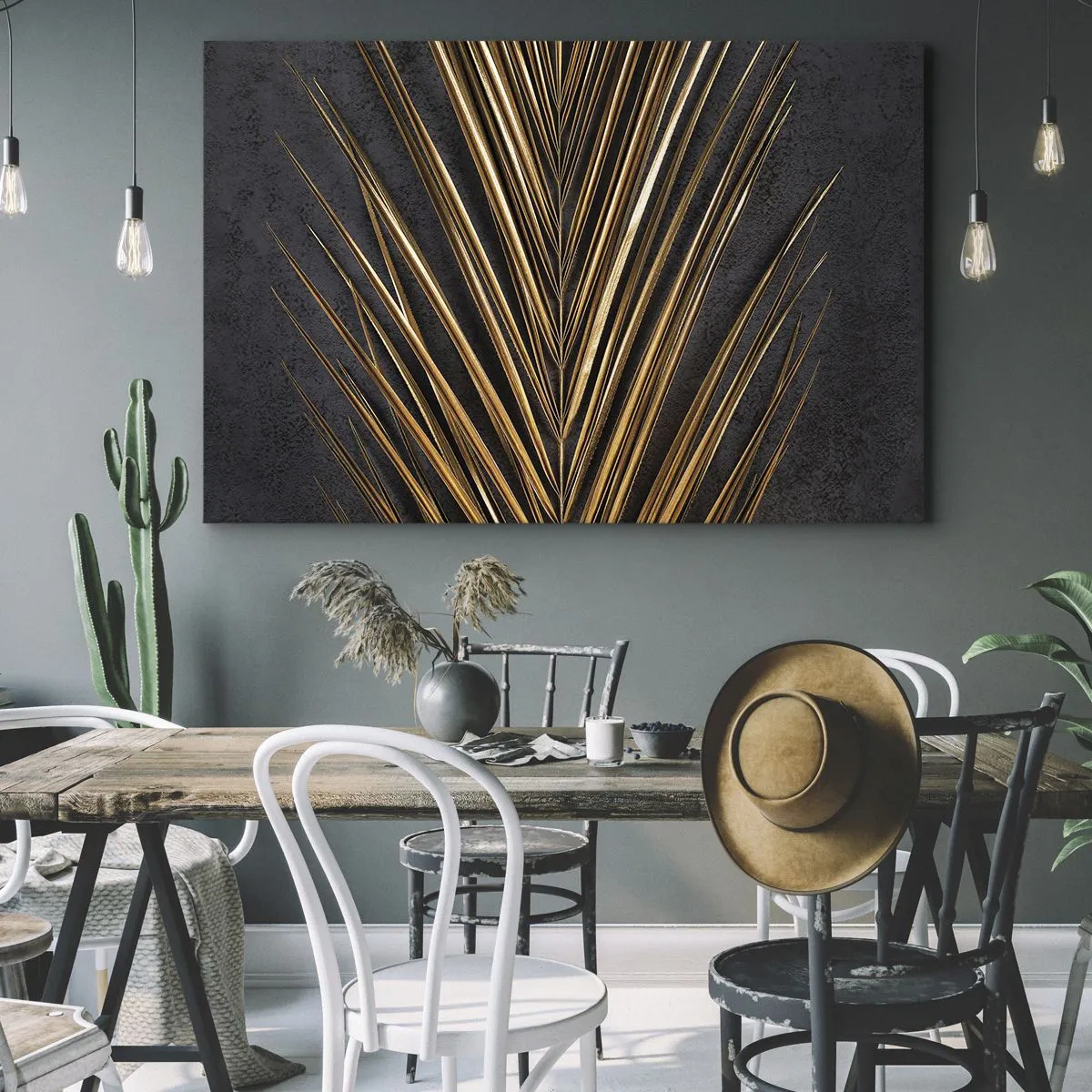 Tablou pe pânză Canvas - Frunză tropicală aurie pe fundal negru - 70x50cm - Aur tropical - Decorațiune modernă pentru perete pentru living și dormitor ARTTOR