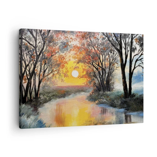 Tablou pe pânză Canvas - Apus de soare peste râu într-un peisaj de toamnă - 70x50cm - Atmosferă de toamnă - Decorațiune modernă pentru perete pentru living și dormitor ARTTOR