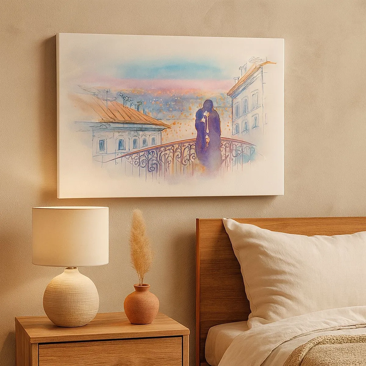 Tablou pe pânză Canvas - Cuplu romantic pe un balcon cu vedere la oraș - 70x50cm - Iubiți parizieni - Decorațiune modernă pentru perete pentru living și dormitor ARTTOR