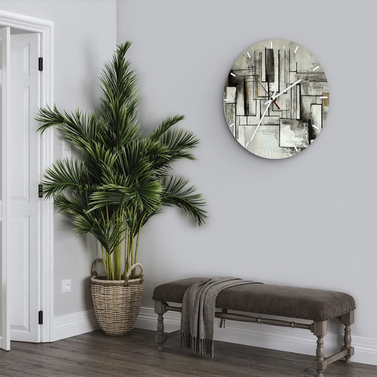 Ceas de perete - Ceas pe sticlă - O compoziție geometrică de dreptunghiuri în culori discrete. - 30x30cm - Puterea simplității - Decorațiune modernă pentru perete pentru living, bucătărie și dormitor ARTTOR