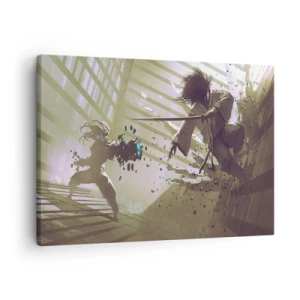 Tablou pe pânză Canvas - Lupta dinamică între două personaje într-un stil futurist - 70x50cm - Și tu poți fi samurai - Decorațiune modernă pentru perete pentru living și dormitor ARTTOR