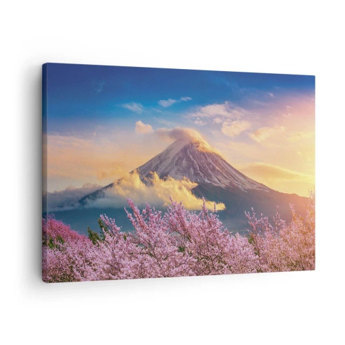 Tablou pe pânză Canvas - Muntele Fuji cu flori de cireș în fundal la apus - 70x50cm - Sfințenia japoneză - Decorațiune modernă pentru perete pentru living și dormitor ARTTOR