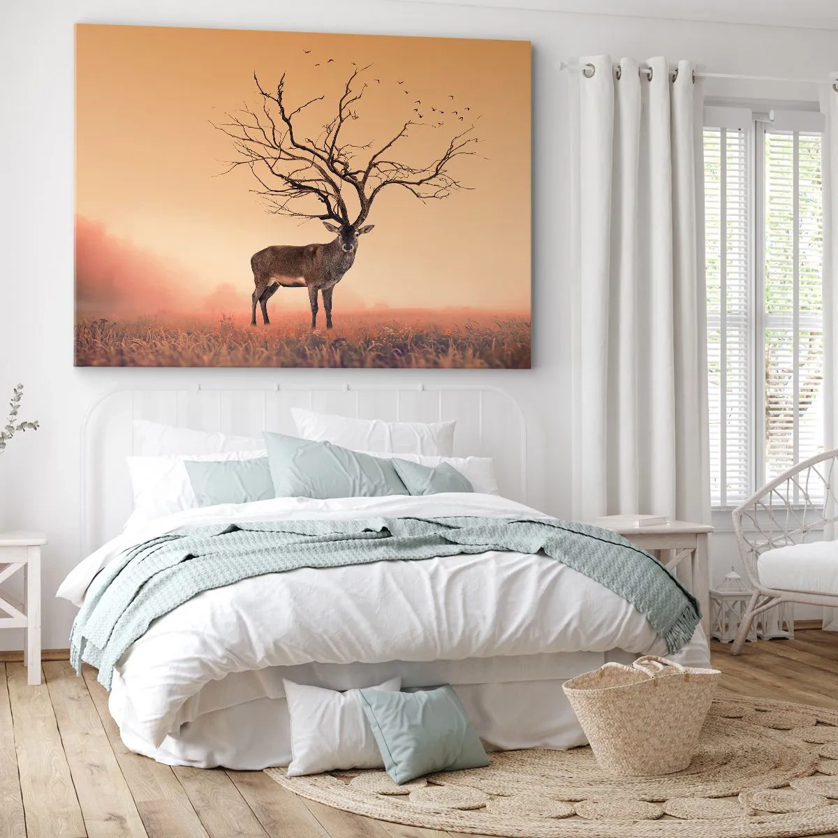 Tablou pe pânză Canvas - O grafică elegantă cu un cerb, cu ramuri în loc de coarne - 70x50cm - Cerbul străvechi - spiritul etern al pădurii - Decorațiune modernă pentru perete pentru living și dormitor ARTTOR